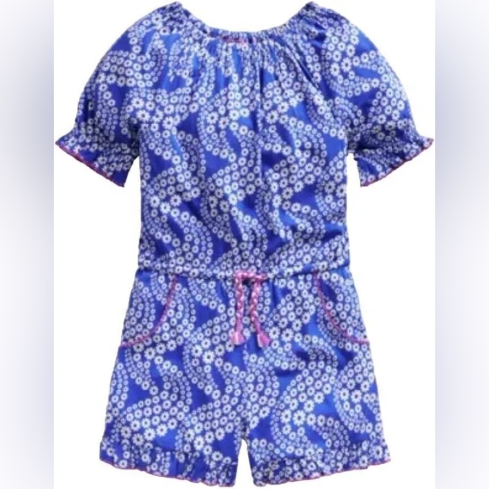 Mini Boden Girls Printed Jersey Romper Greek Blue Daisy Wave GUC